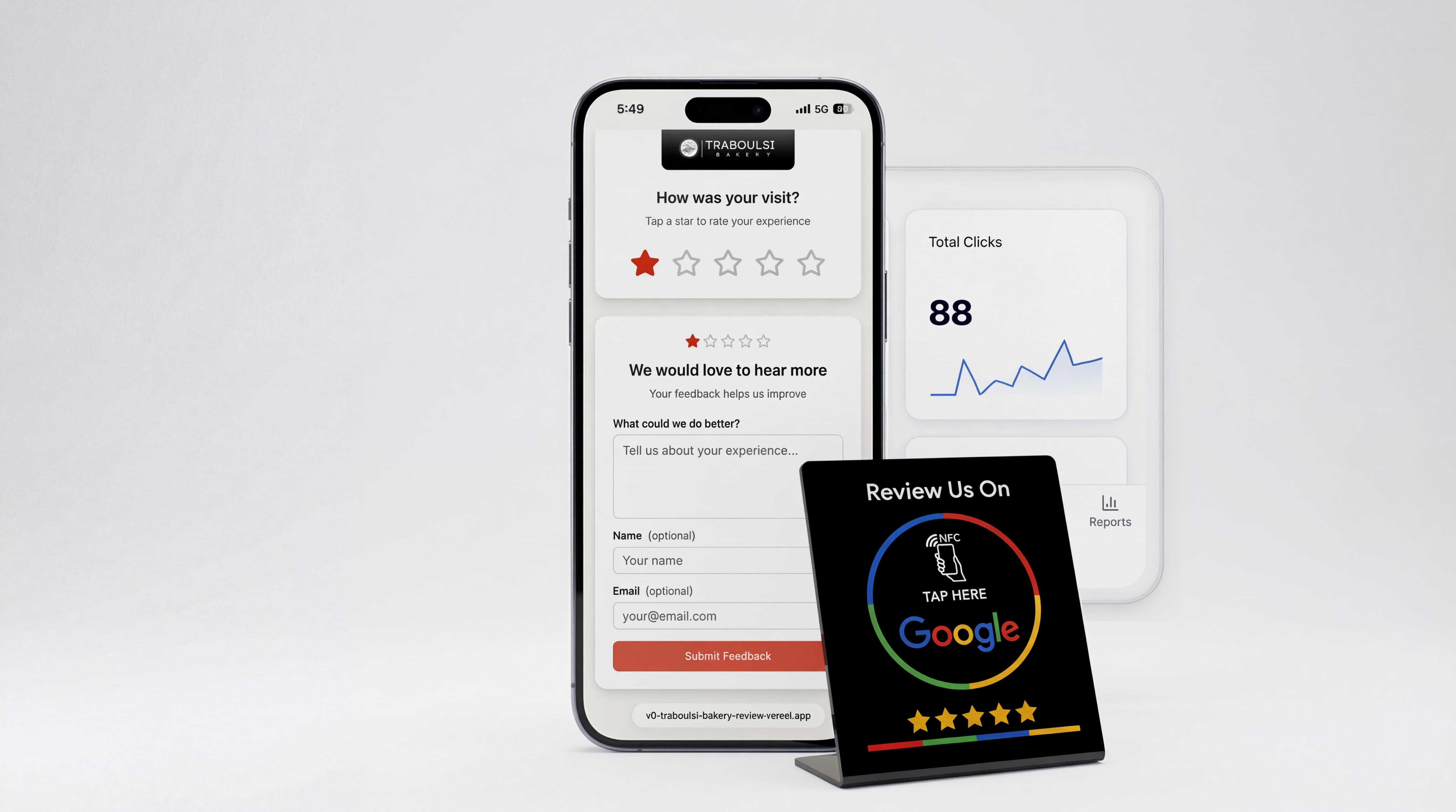 NFC review cards, Google review plaques, and tap-to-review system dashboard for Australian businesses