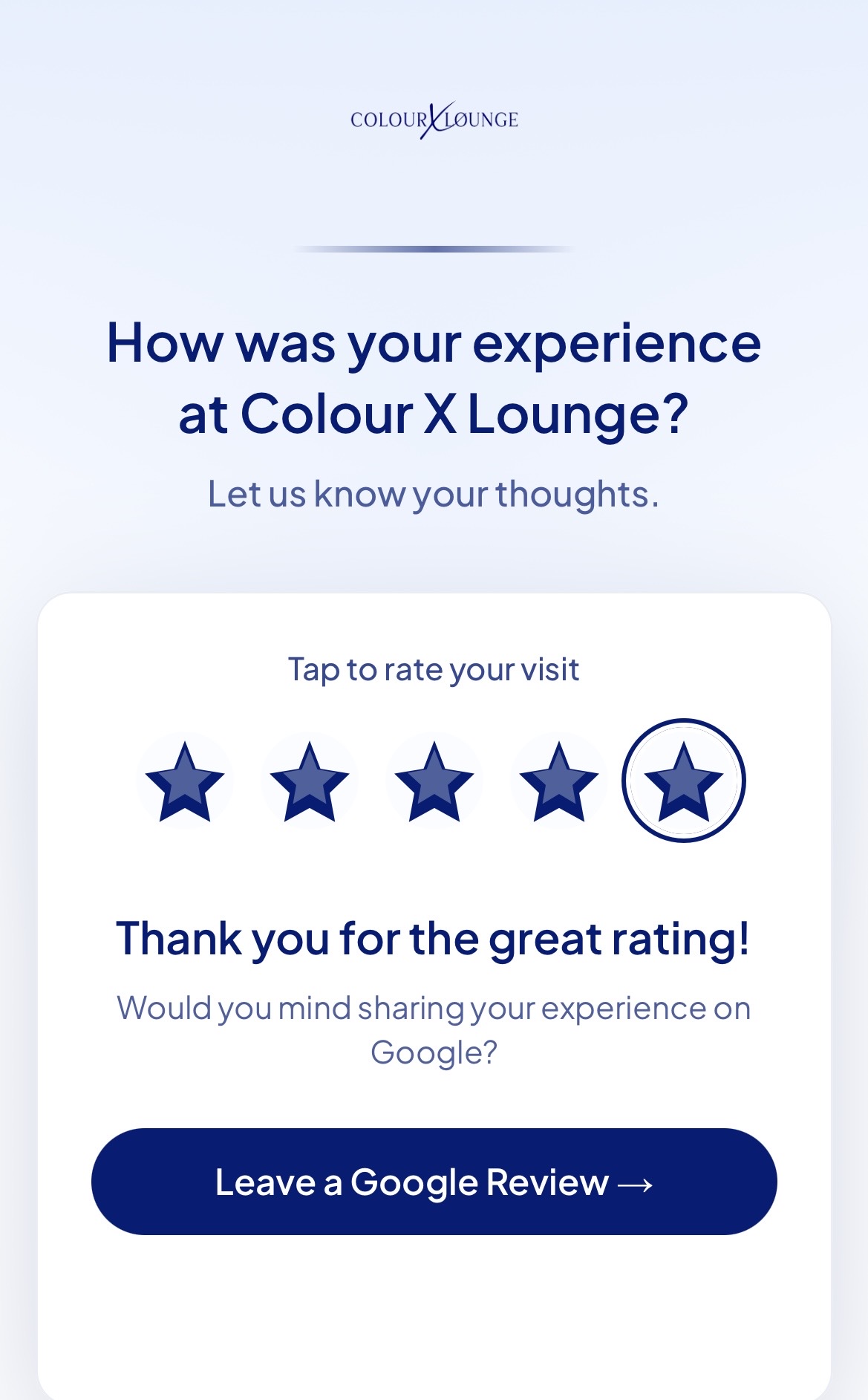 Colour Lounge review funnel with 5-star rating interface
